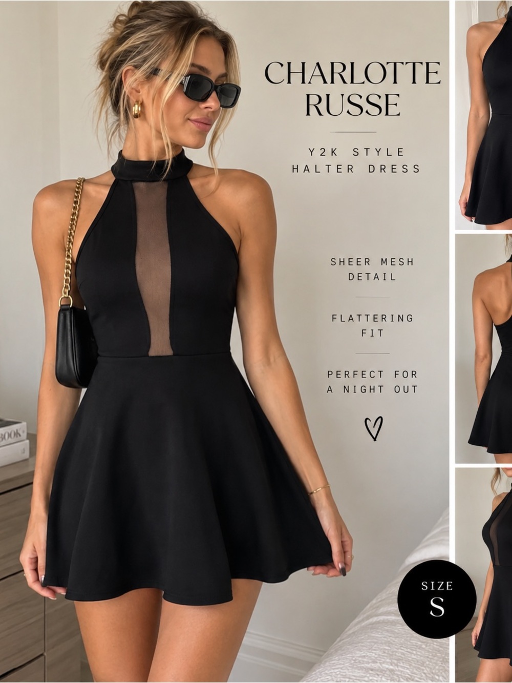 Charlotte Russe Black Mesh Halter Mini Dress Small Y2K